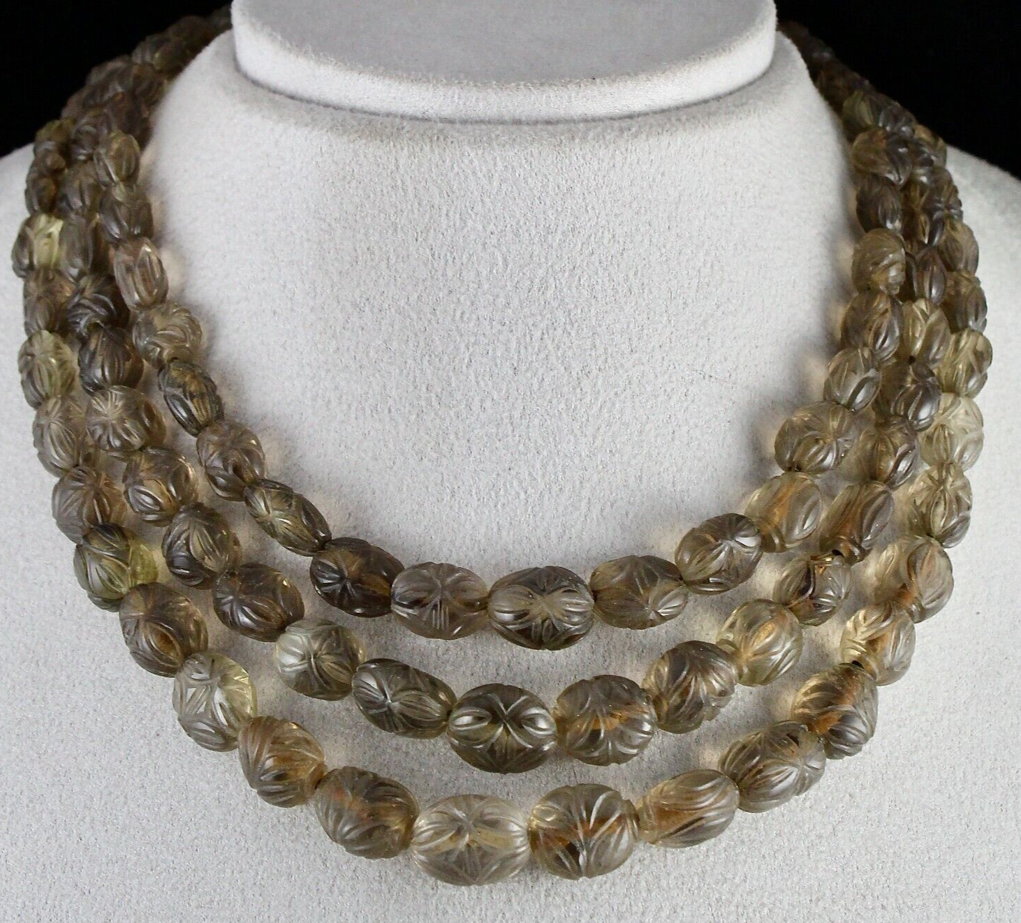 NATURAL SMOKY QUARTZ BEADS CARVED MELON 3 LINE 746 CARATS GEMSTONE NECKLACE