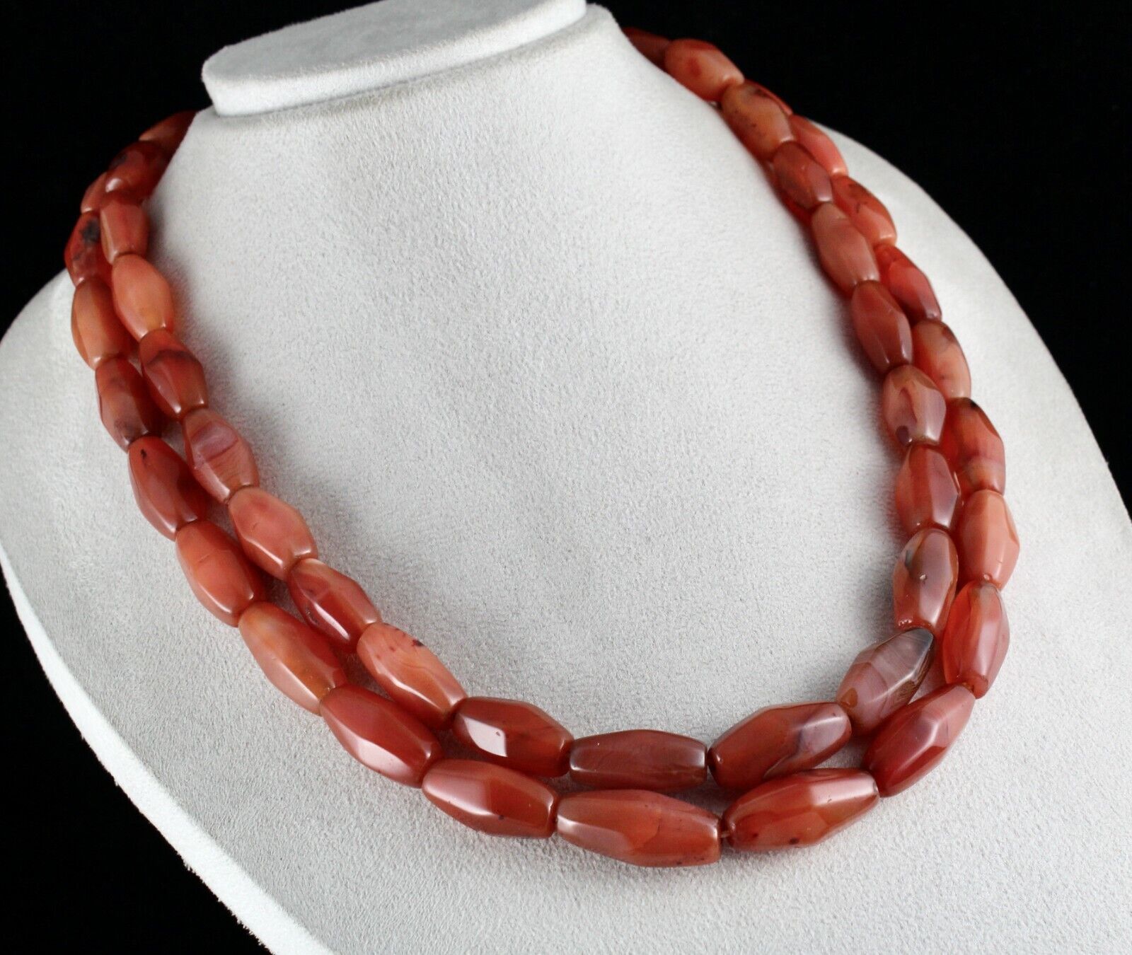 RED NATURAL CARNELIAN BEADS BARREL 2 LINE 1247 CARATS GEMSTONE FASHION NECKLACE