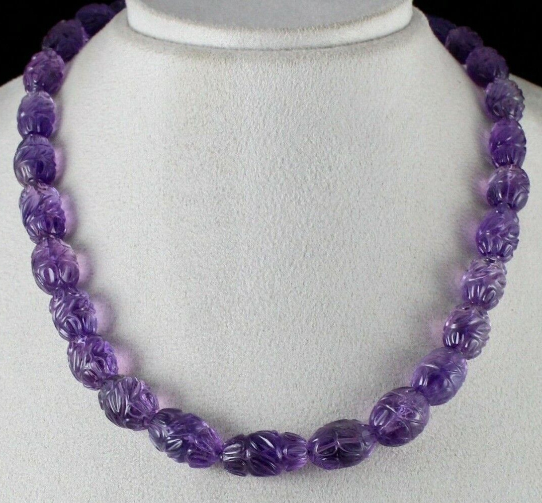 Antique Natural Amethyst Beads Engraved Long 1 L 511 Ct Gemstone Silver Necklace