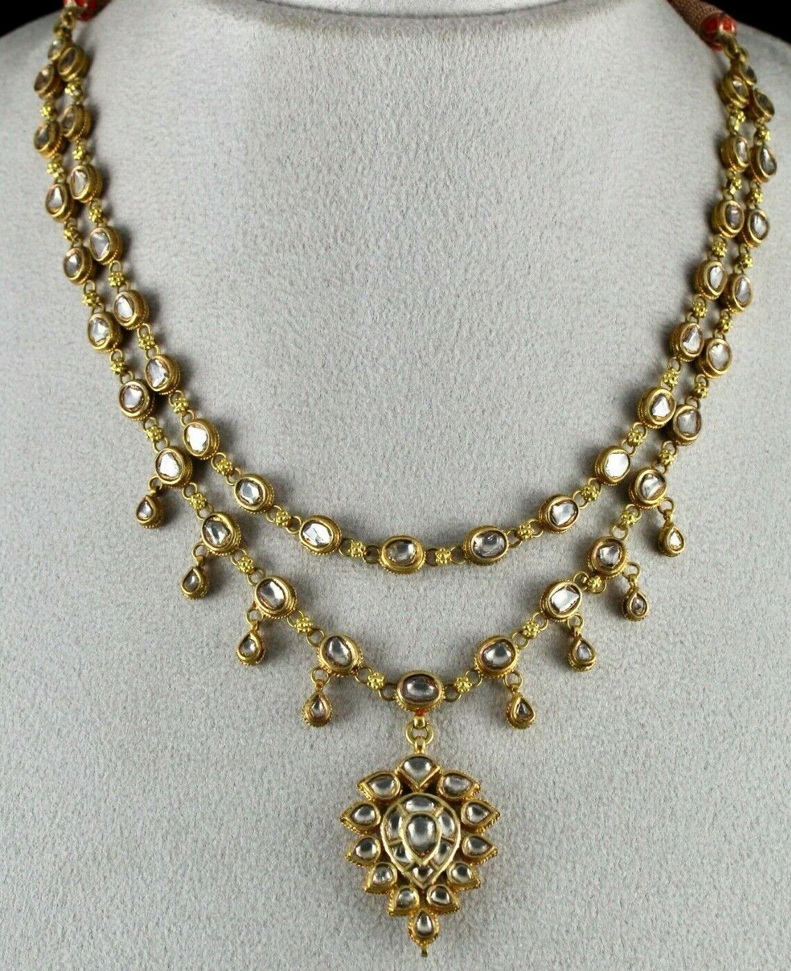 Natural Diamond 22k Yellow Gold Necklace Jadau Old Indian Antique Set Earring