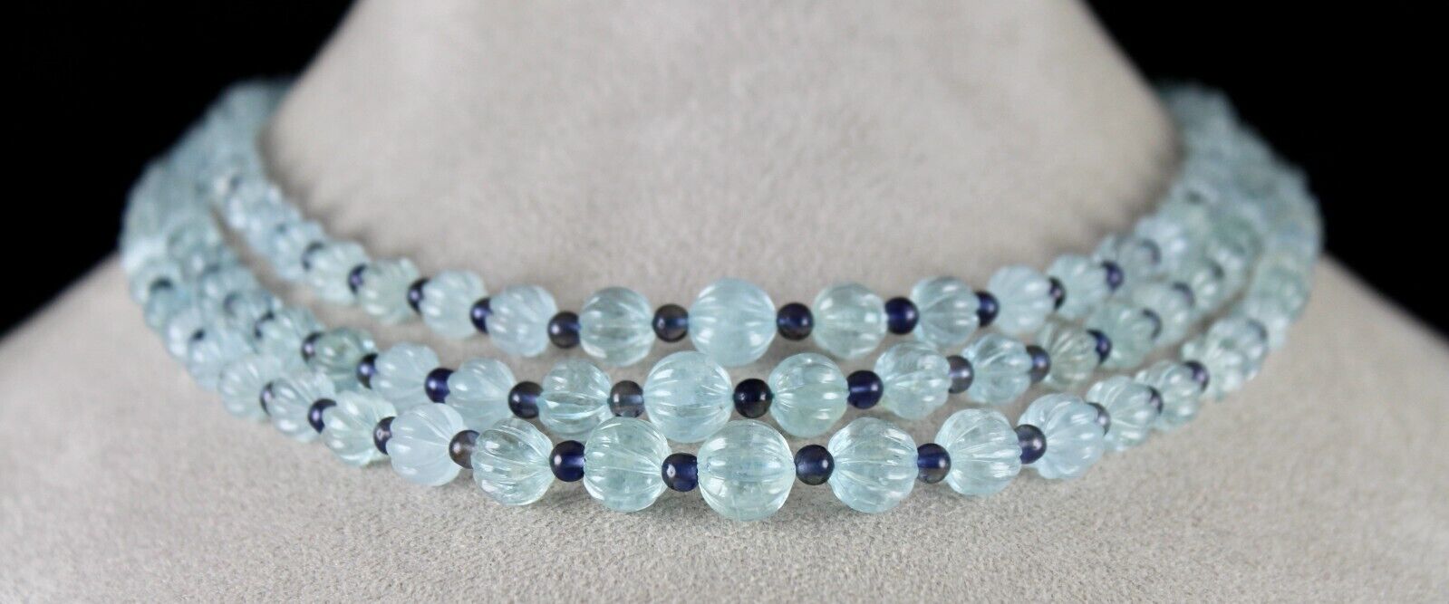 NATURAL AQUAMARINE CARVED MELON IOLITE ROUND BEADS 3L 347 CTS STONE NECKLACE