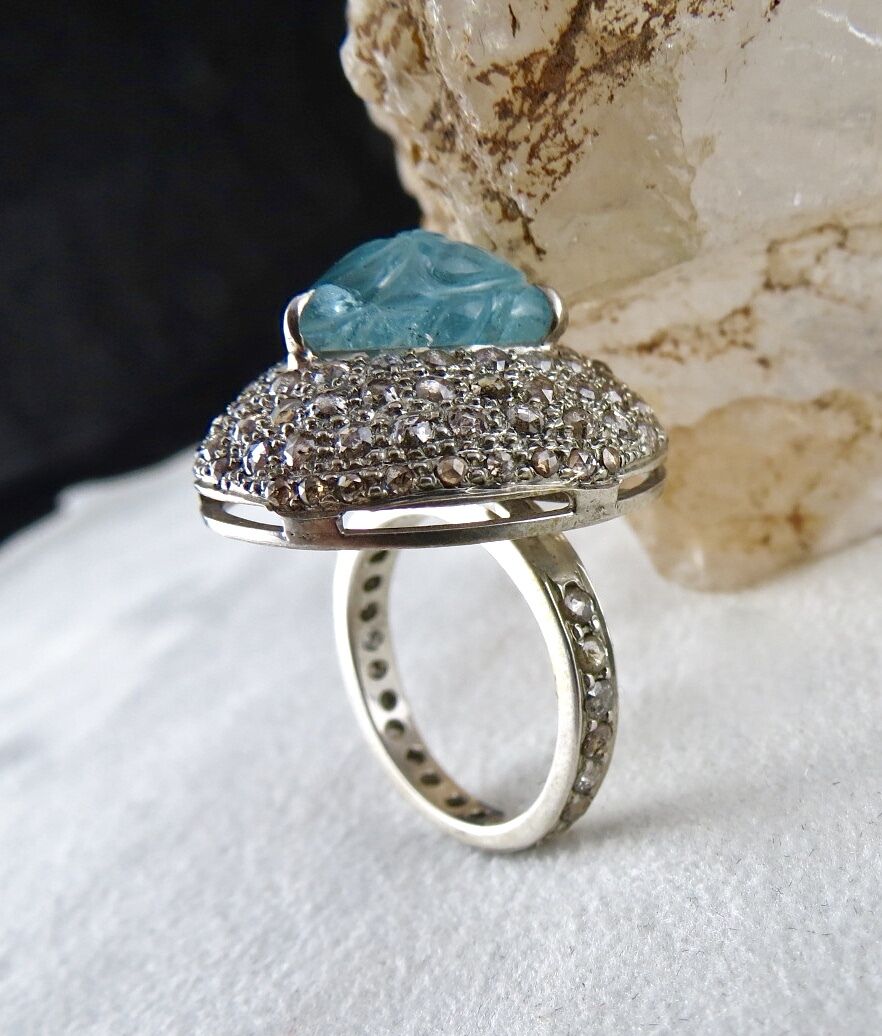 Antique Natural Blue Aquamarine Carved Diamond Gemstone Silver Victorian Ring