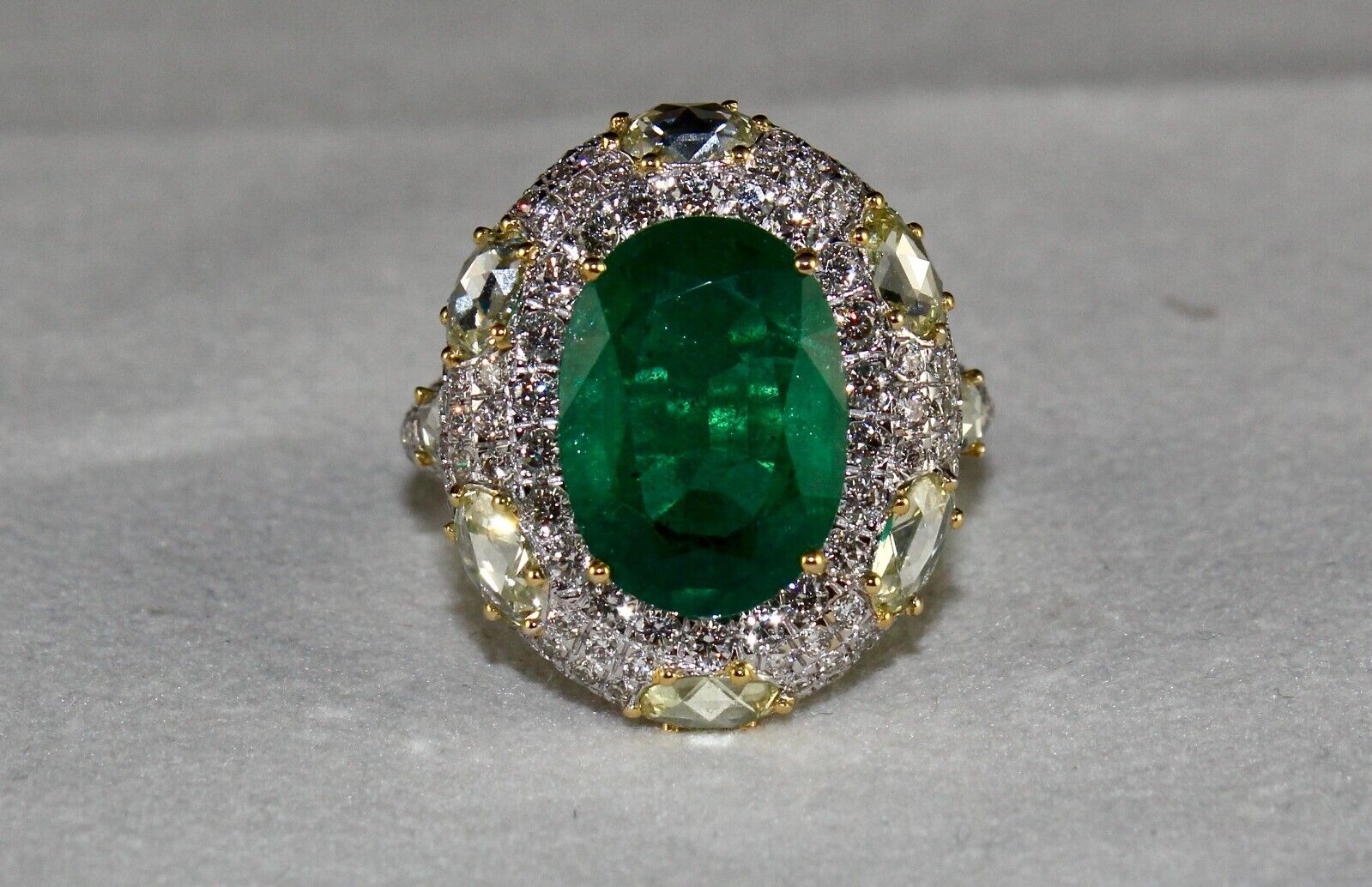 Certified Natural Zambia Emerald Oval Cut RoseCut Diamond 18K Gold Cocktail Ring