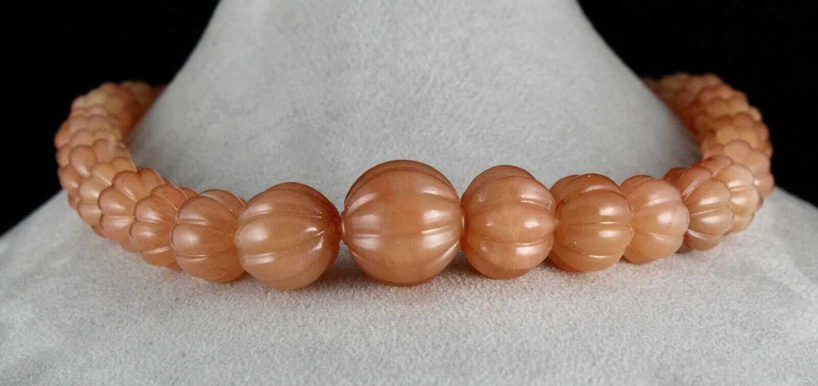 Natural Orange Quartz Carved Melon Beaded Necklace 1072 Carat Stone Silver Clasp