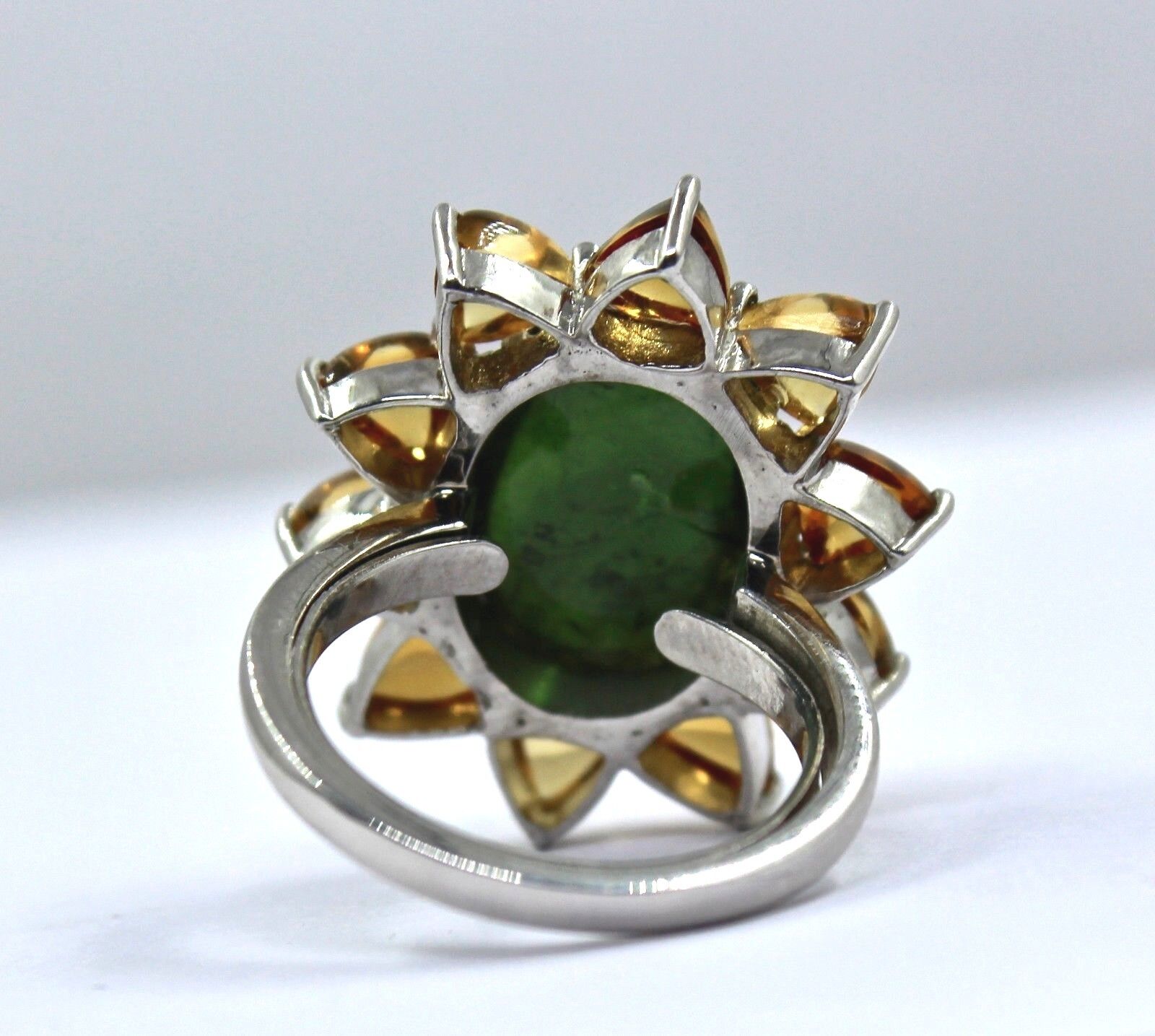 NATURAL GREEN TOURMALINE OVAL YELLOW CITRINE CABOCHON 925 STERLING SILVER RING