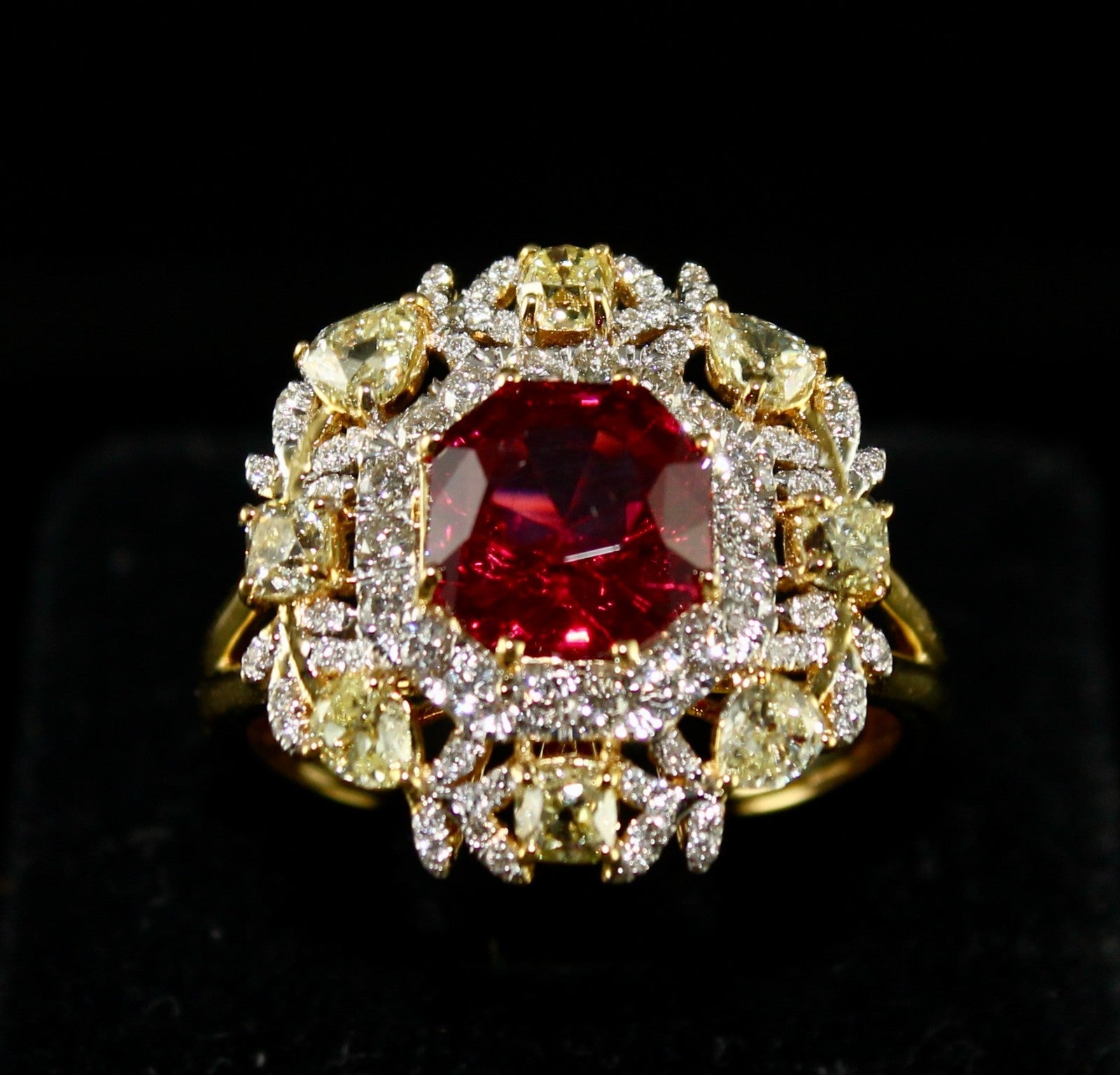 Certified Natural Red Spinel Ring Cut Diamond 18K Gold Statement Finest Jewelry