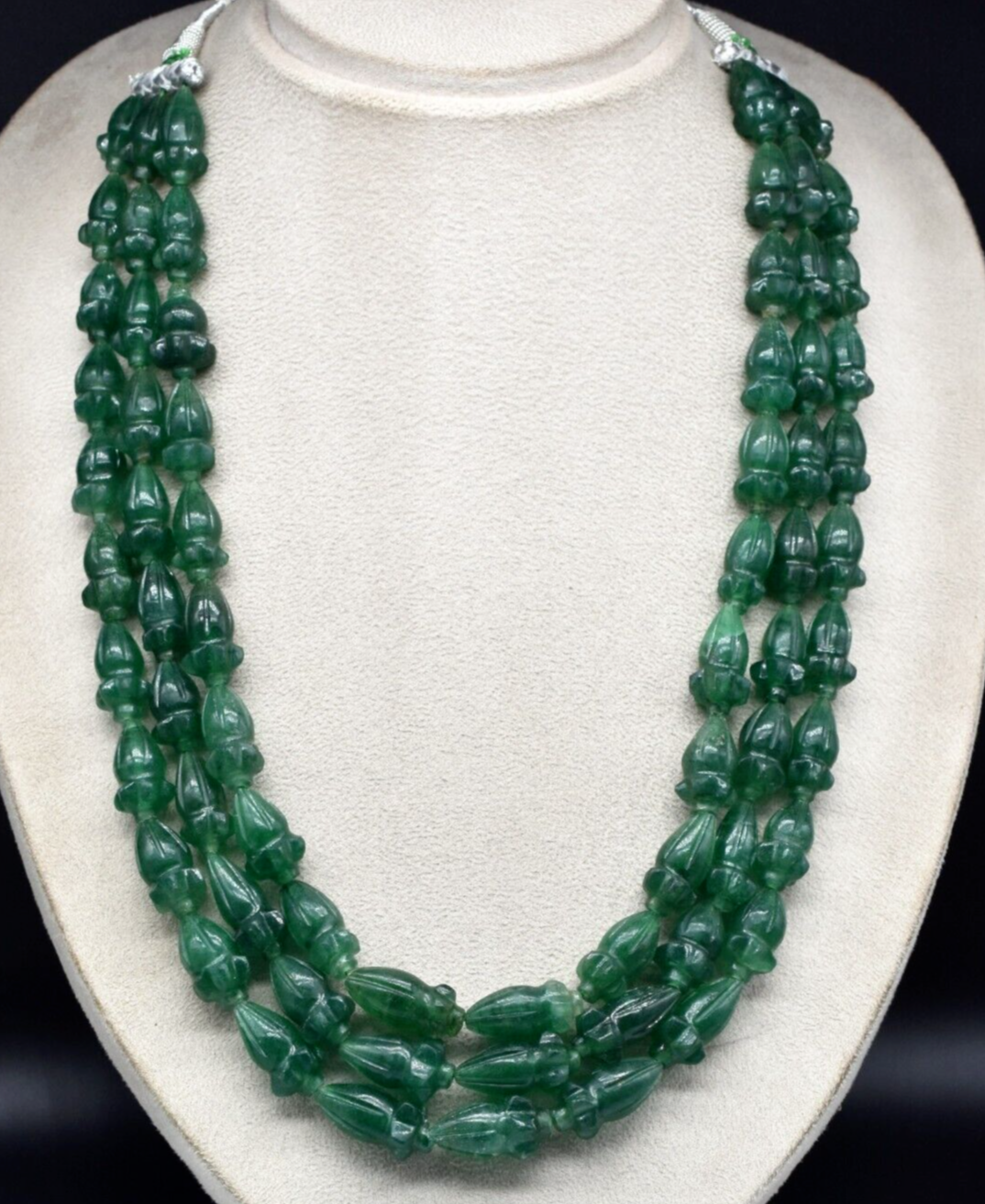 Natural Green Quartz Engraved Beaded Necklace 3 Line 1059 Ct Old Carved Gemstone