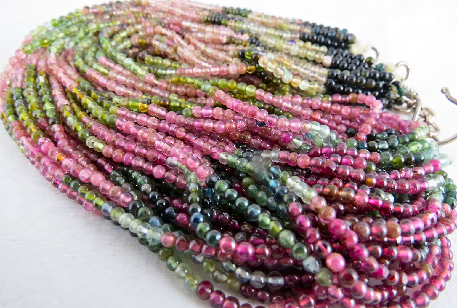 Estate Natural Multi Tourmaline Round Beads 25 L 658 Ct Gemstone Silver Necklace