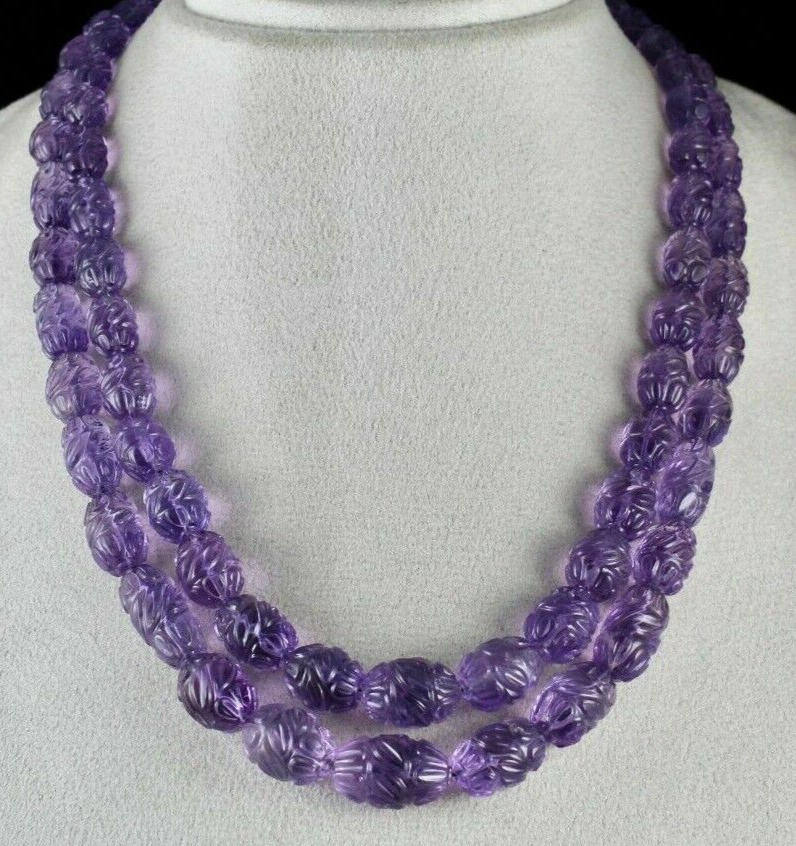 Certified Natural Amethyst Carved Beads 2 L 759 Ct Gemstone Important Necklace