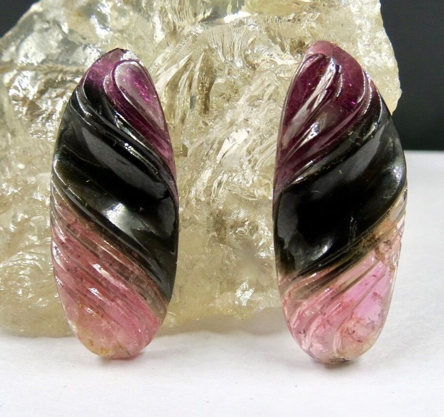 NATURAL MULTI WATERMELON TOURMALINE CARVED PAIR 40 CTS GEMSTONE 32X14MM EARRING