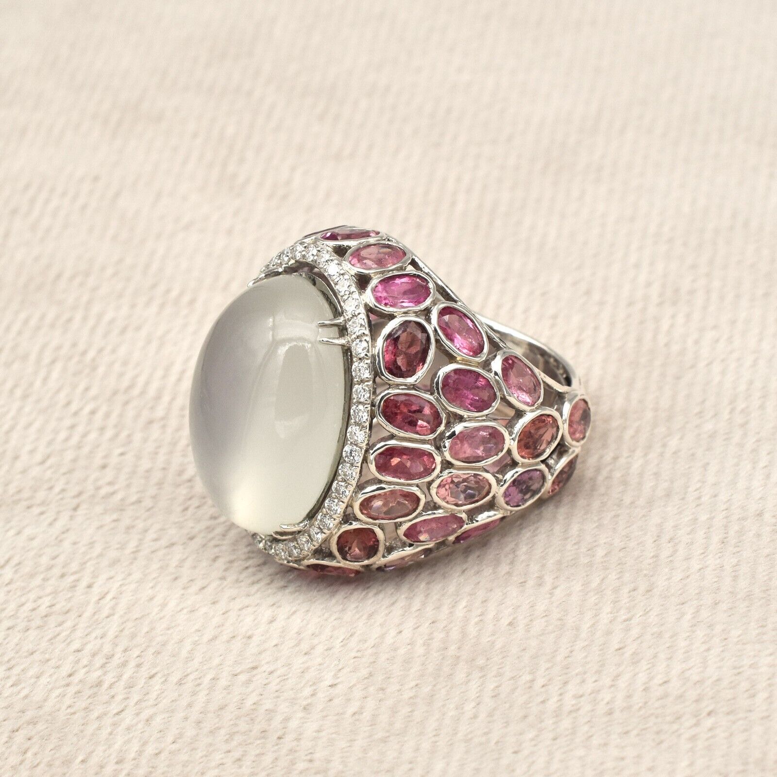 Natural Moonstone Cabochon Pink Tourmaline Moissanite 925 Silver Statement Ring