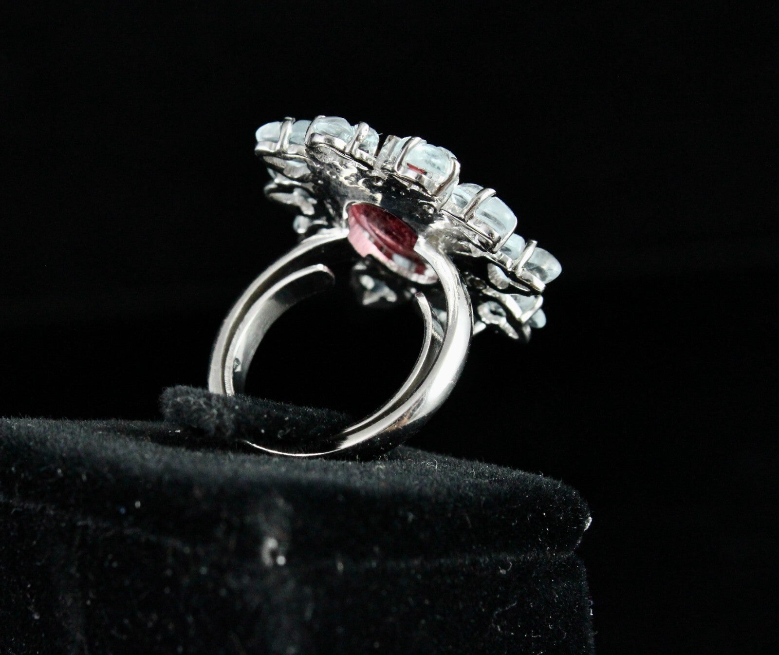 Antique Pink Tourmaline 10ct Aquamarine Carved Sterling Silver Victorian Ring