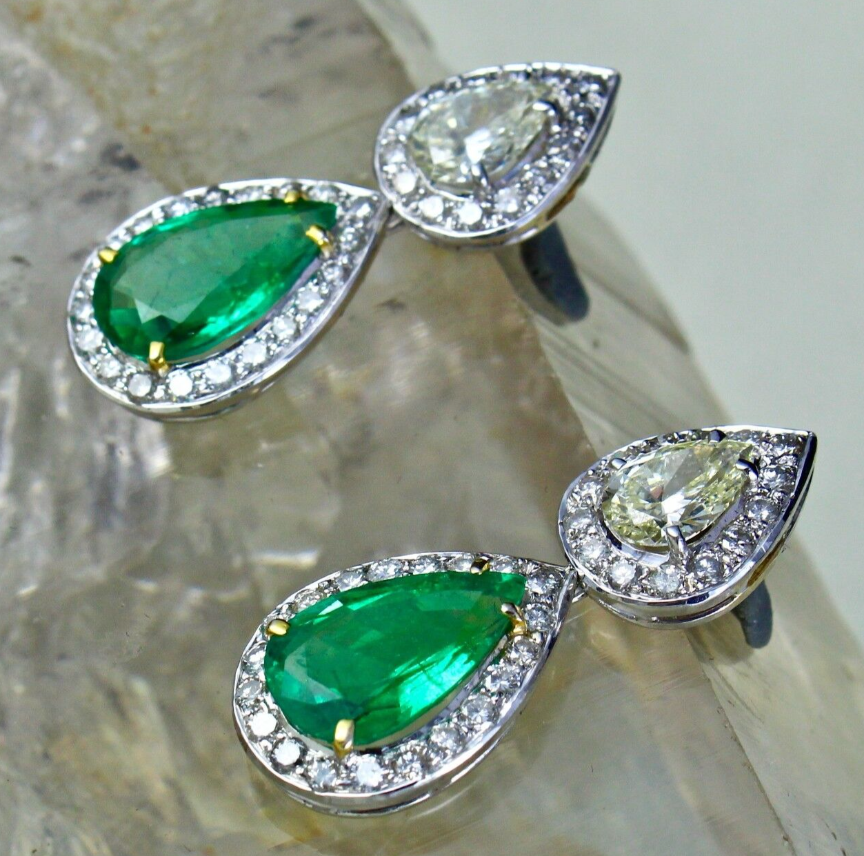 Certified Natural Zambia Emerald 54ct Natural Diamond Pear Cut 18k Gold Earrings