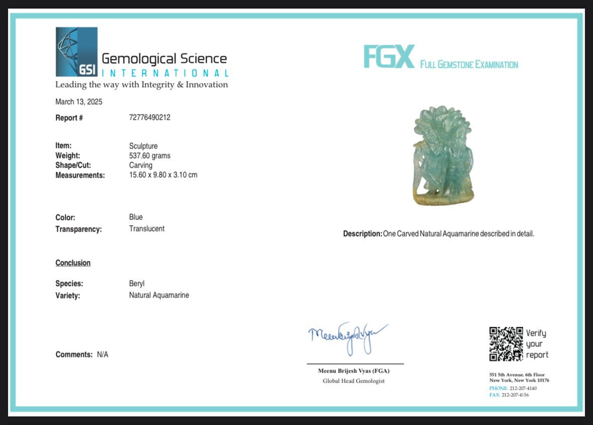 Certified Natural Aquamarine 2688 Ct Carved Lord Radhe Krishna Decor