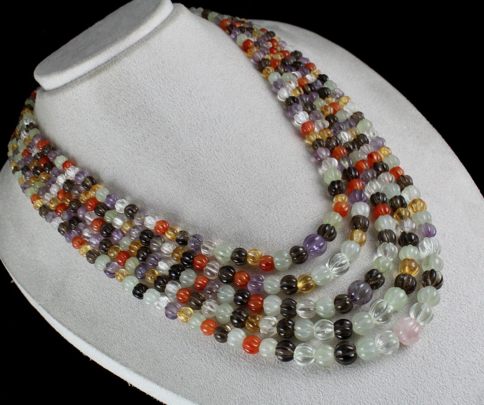 Old Multi Natural Semi Precious Beads Carved Melon 5 L 1048 Cts Stone Necklace