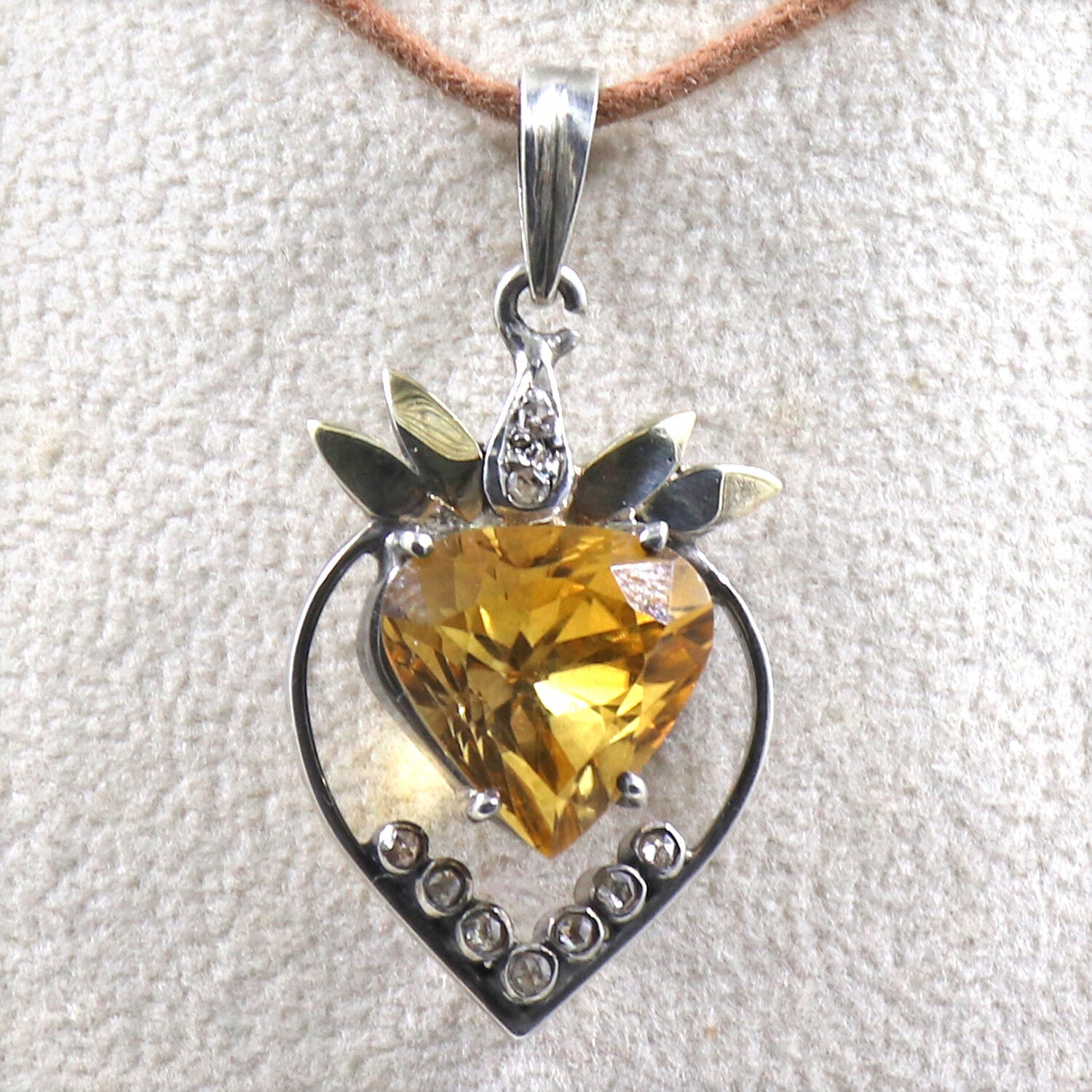 Natural Citrine Heart Cut Diamond 18K Gold 925 Silver Victorian Gemstone Pendant