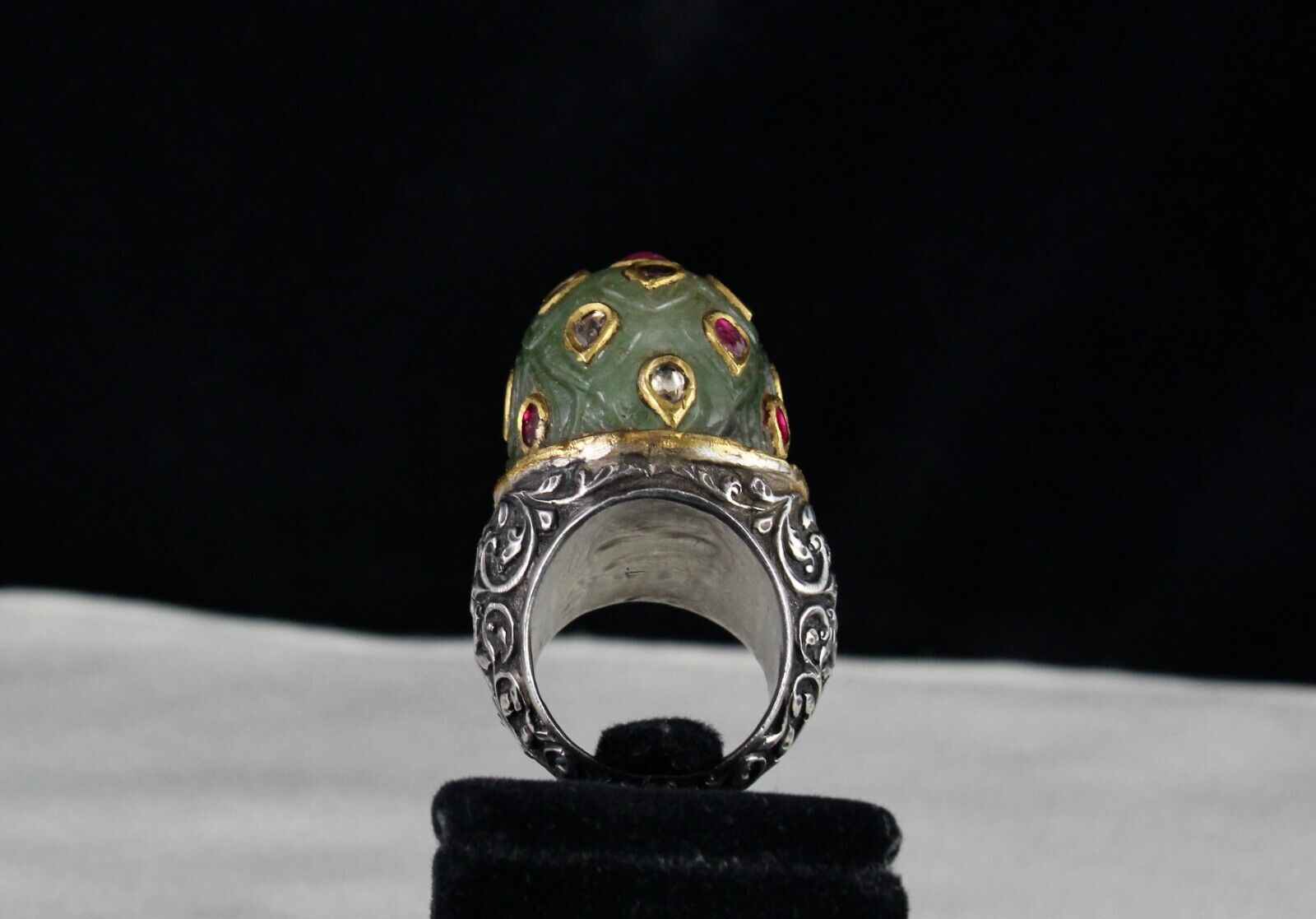 ANTIQUE COLOMBIAN EMERALD CARVED RUBY DIAMOND GOLD JADAU LADIES 925 SILVER RING