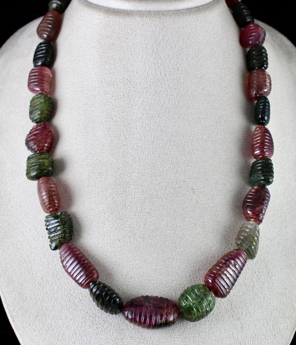 NATURAL MULTI COLOUR TOURMALINE BEADS CARVED CABOCHON 849 CARATS LADIES NECKLACE