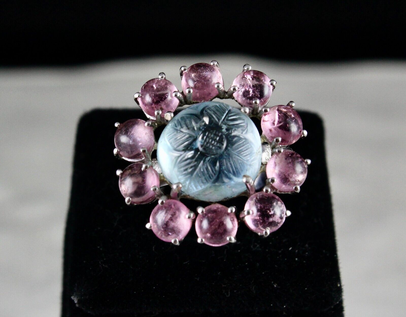 Antique Natural Aquamarine Carved Pink Tourmaline Gemstone Silver Victorian Ring