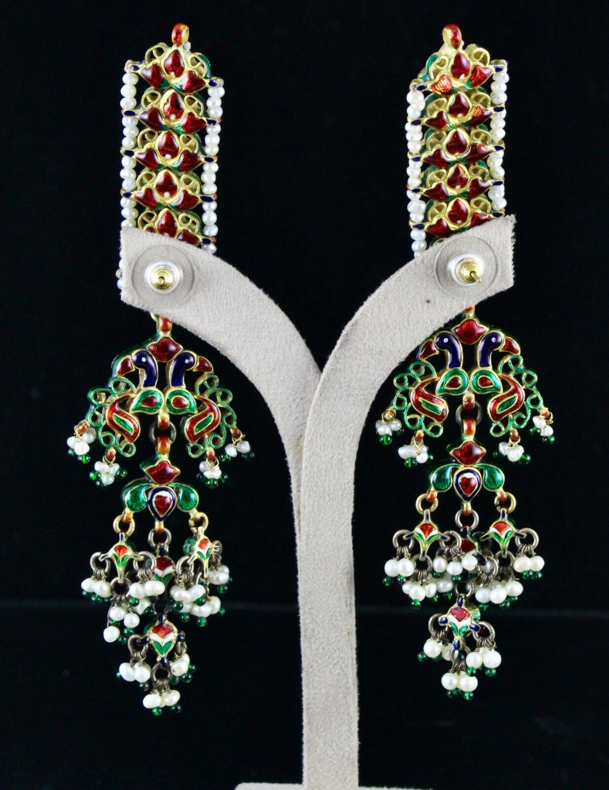 Antique Diamond Pearl 22K Gold Jadau Kundan Meena Ladies Peacock Dangle Earring