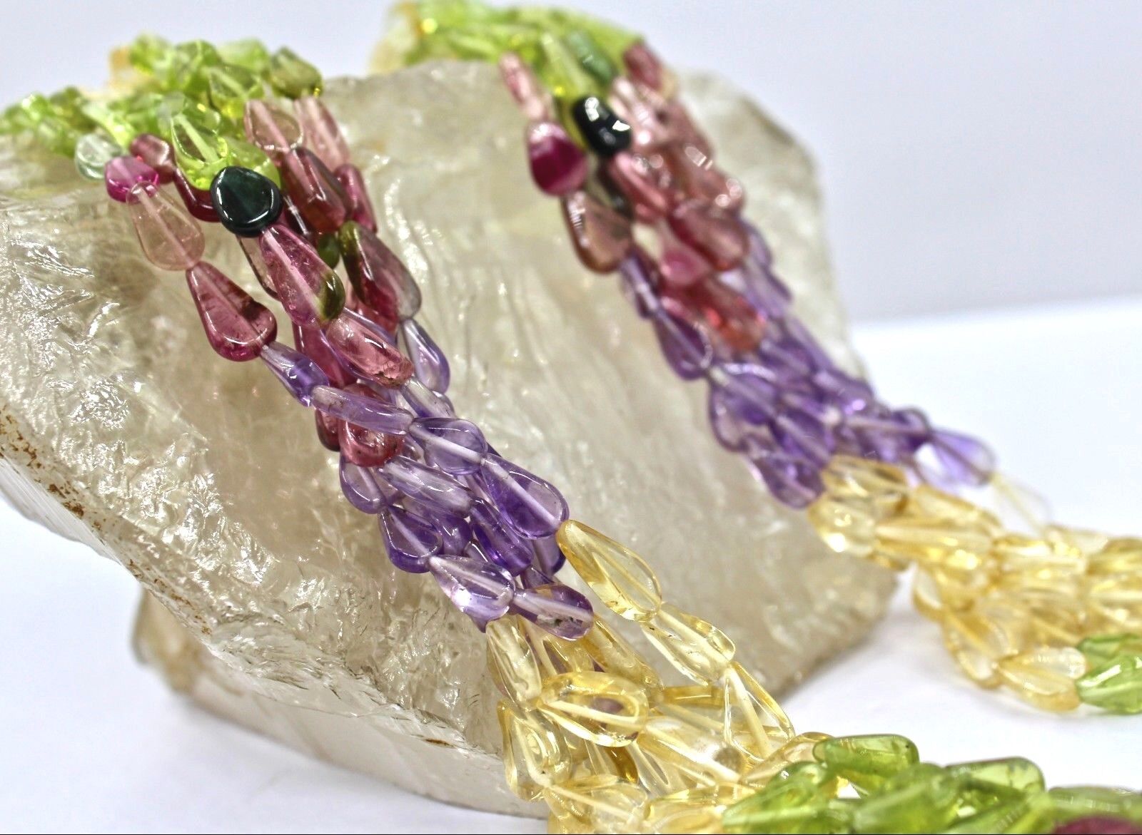MULTI COLOR PERIDOT CITRINE TOURMALINE BEADS 8 LINE 313 CARATS GEMSTONE NECKLACE