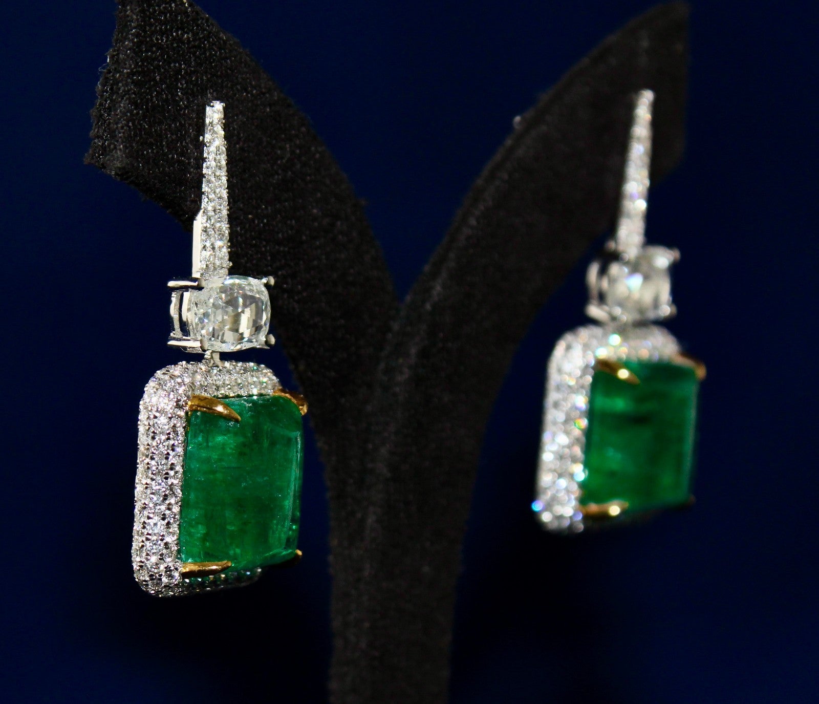 Certified Natural Emerald Cabochon Diamond Earrings 18k Gold Dangle Fine Jewelry