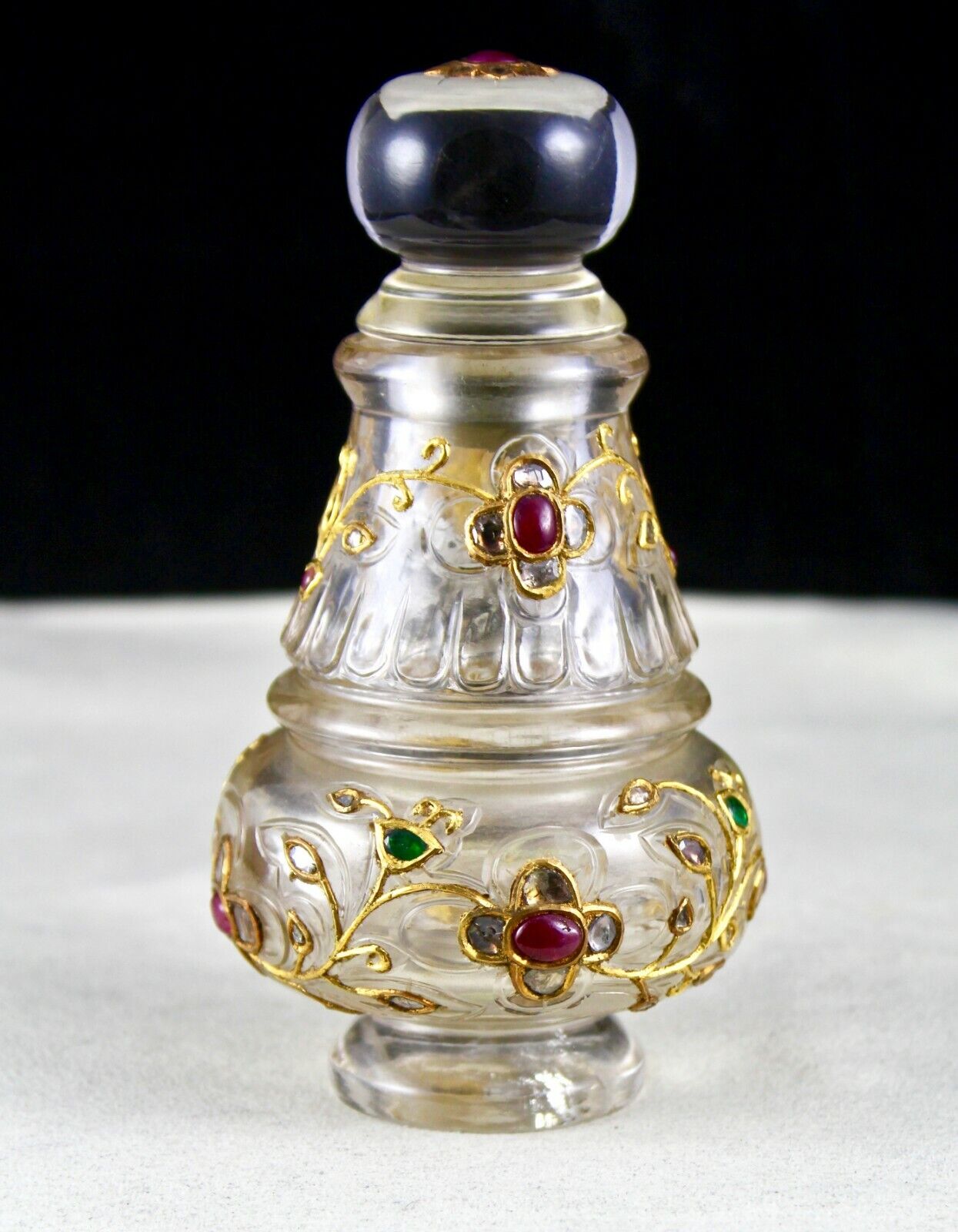 NATURAL ROCK CRYSTAL QUARTZ EMERALD RUBIES DIAMOND 18K GOLD JADAU PERFUME BOTTLE