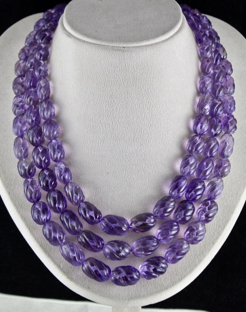 Natural Amethyst Beads Carved Oval 3 L 1373 Ct Purple Gemstone Silver Necklace