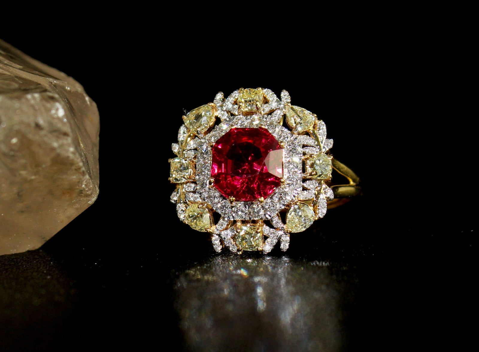 Certified Natural Red Spinel Ring Cut Diamond 18K Gold Statement Finest Jewelry