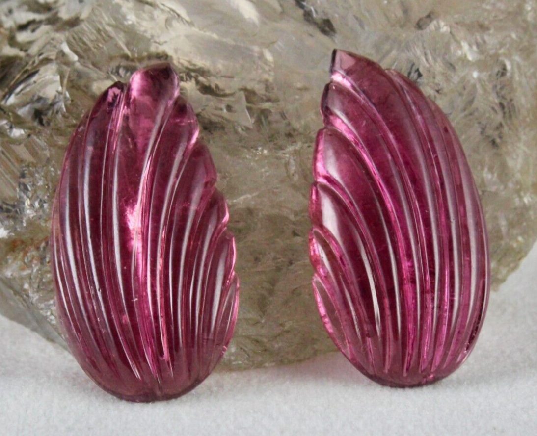 Certified Natural Rubellite Tourmaline 77.24ct Pear Leaf Engraved Earrings