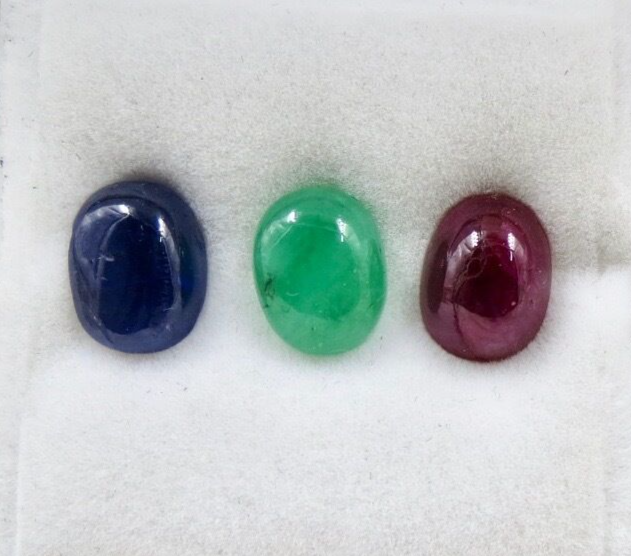 Certified Natural Emerald Ruby Sapphire Oval 10.22ct Sterling Silver Ring Set