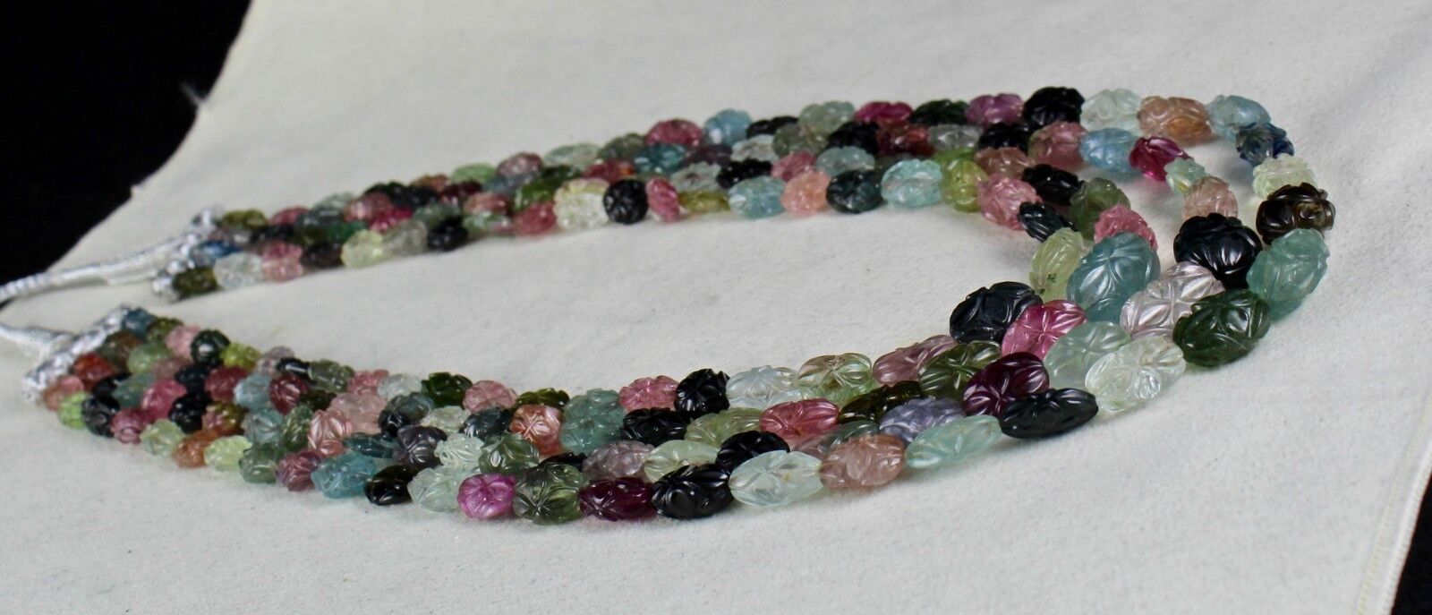 Natural Multi Tourmaline Aquamarine Beads Engraved 564 Ct Gemstone Old Necklace