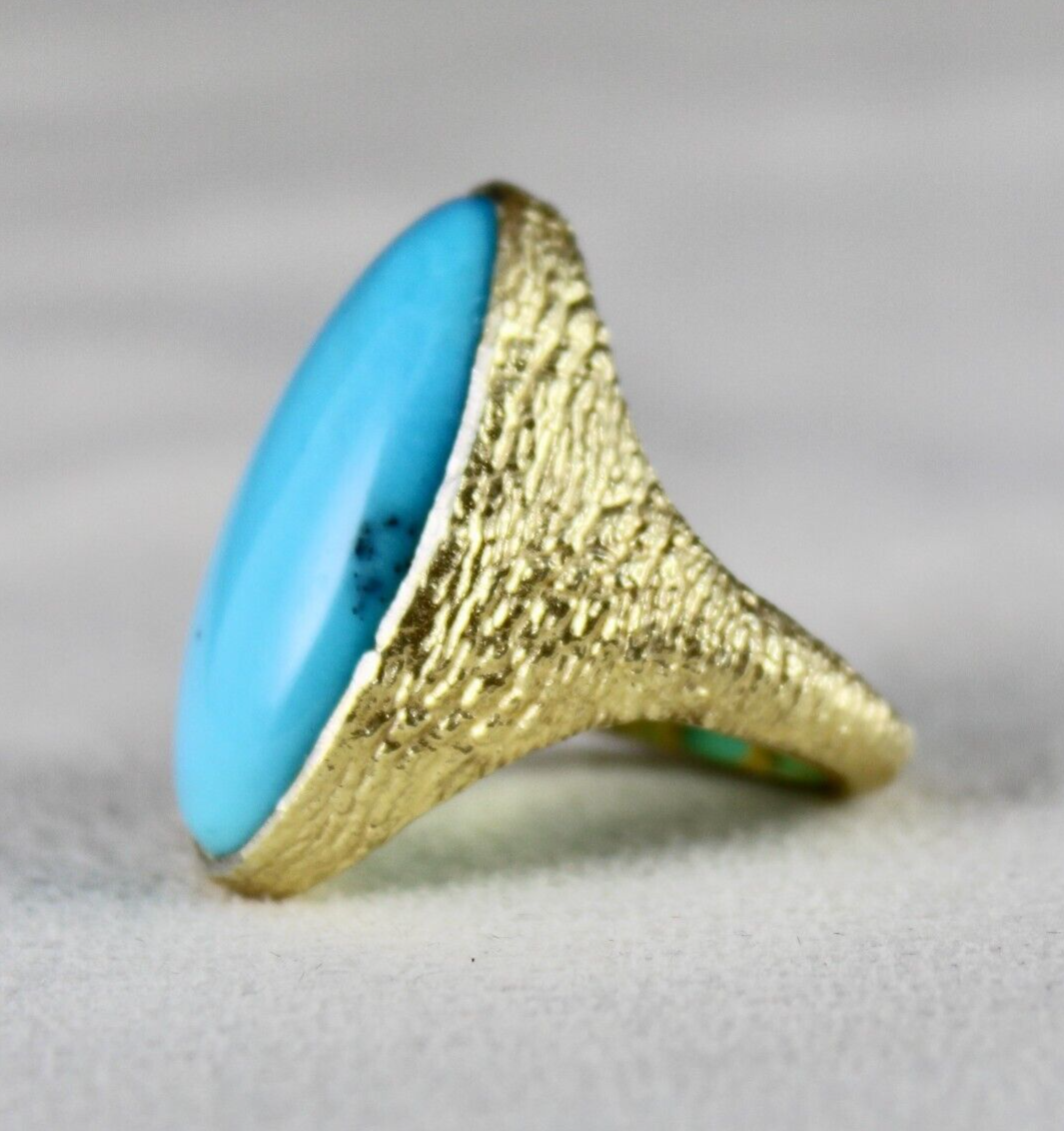 Natural Arizona Turquoise Cabochon Gemstone Engraved 925 Gold Plated Silver Ring