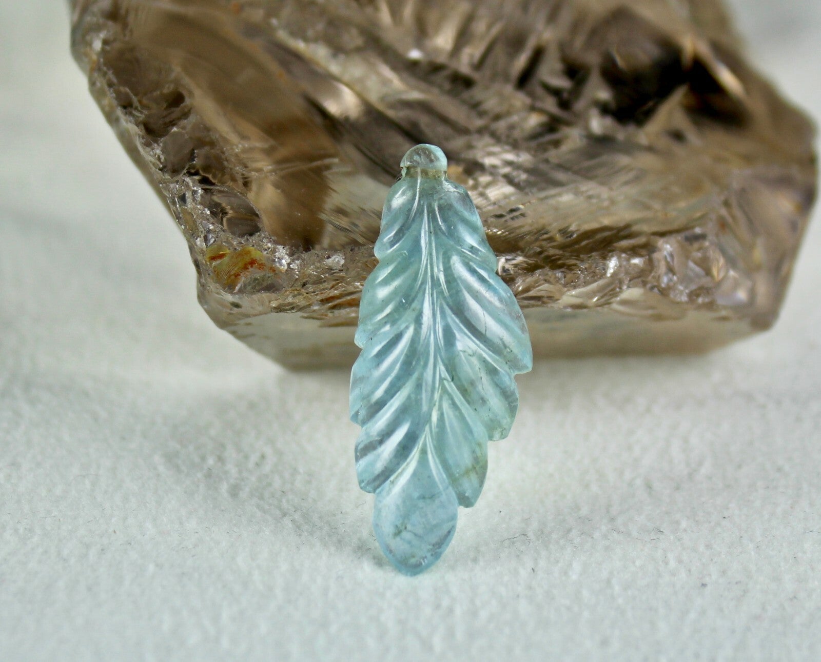 Natural Blue Aquamarine Carved Leaf Gemstone 21.84 Ct Drilled Loose For Pendant