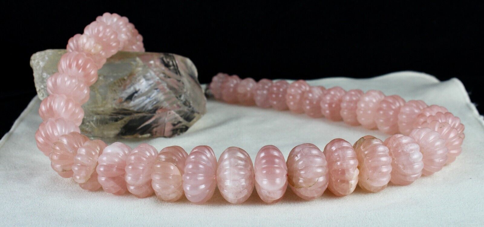 Vintage Natural Rose Quartz Melon Carved Beads 2406 Ct Gemstone Silver Necklace