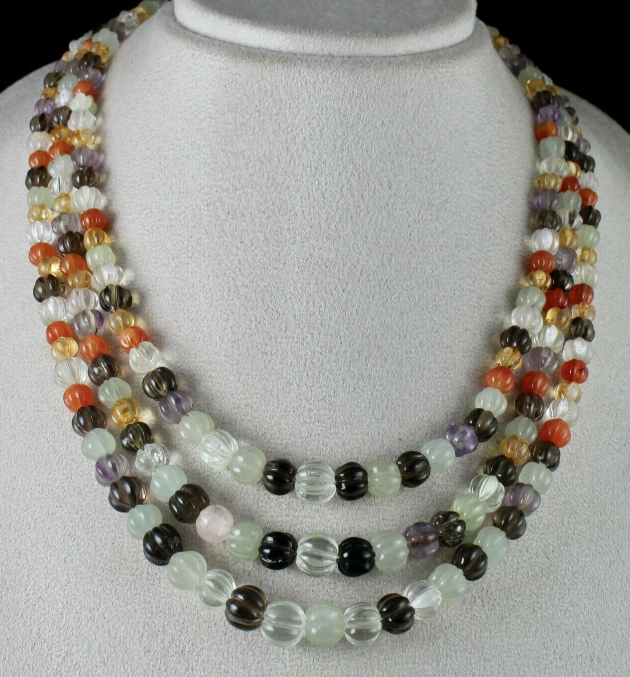 CLASSIC MULTI NATURAL SEMI PRECIOUS 3 LINE 588 CTS CARVED MELON BEADED NECKLACE