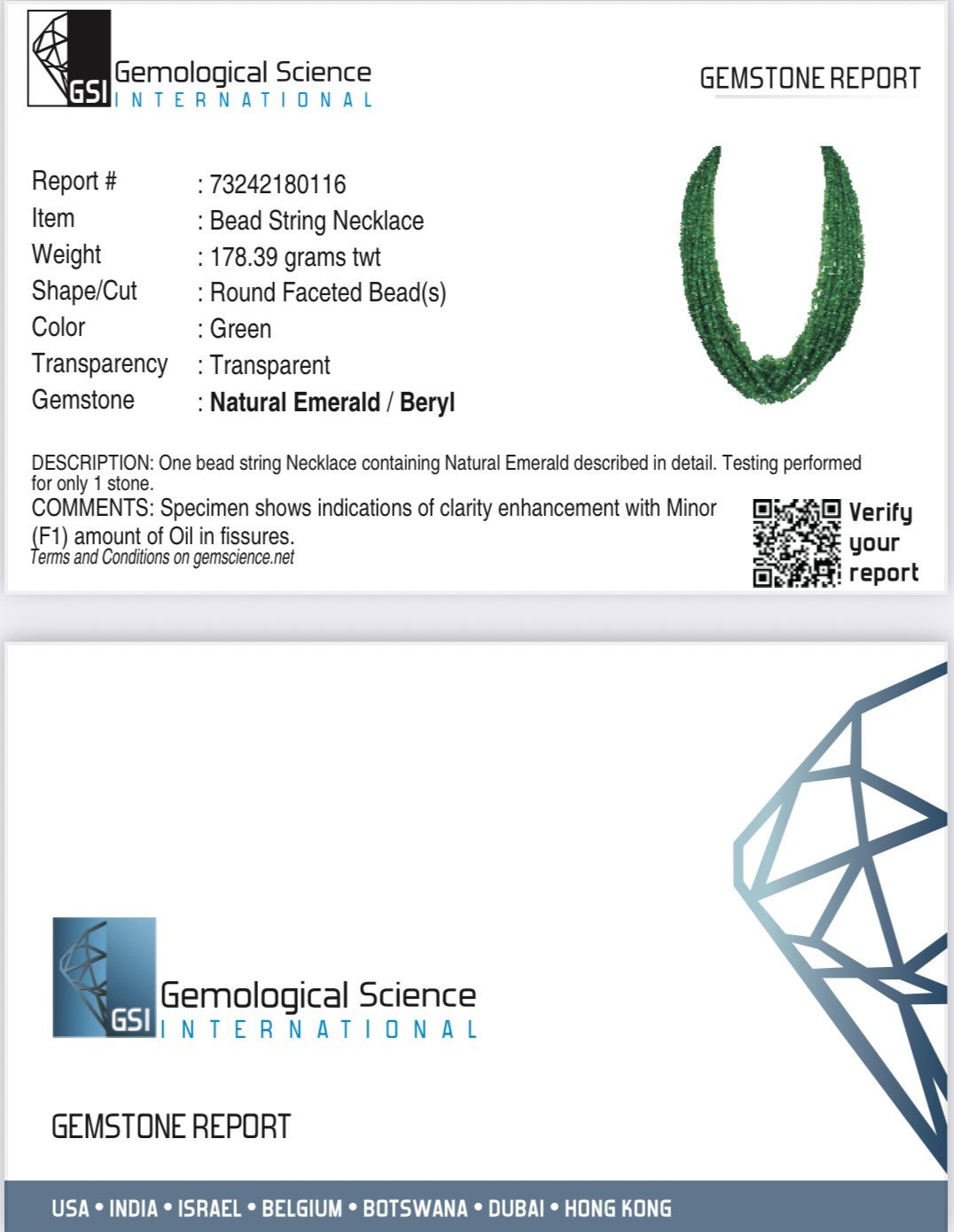 Vintage Natural Emerald Necklace 14L 890 Ct Certified Bead Gemstone Silver Clasp