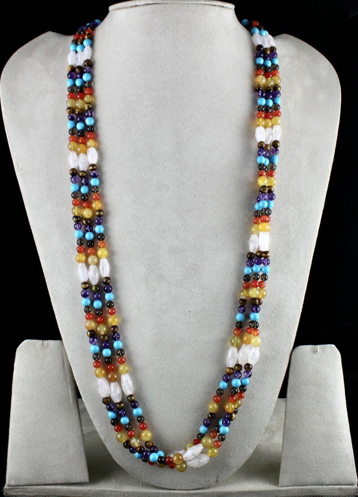 HANDMADE NATURAL SEMI PRECIOUS BEADS 3 LINE 1077 CTS GEMSTONE FASHION NECKLACE