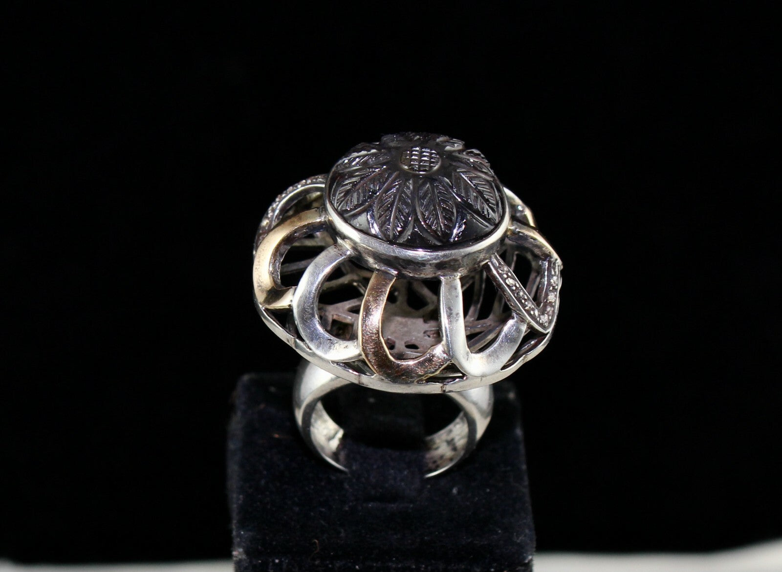 Natural Iolite 126ct Natural Diamond 18k Gold Silver Victorian Cocktail Ring