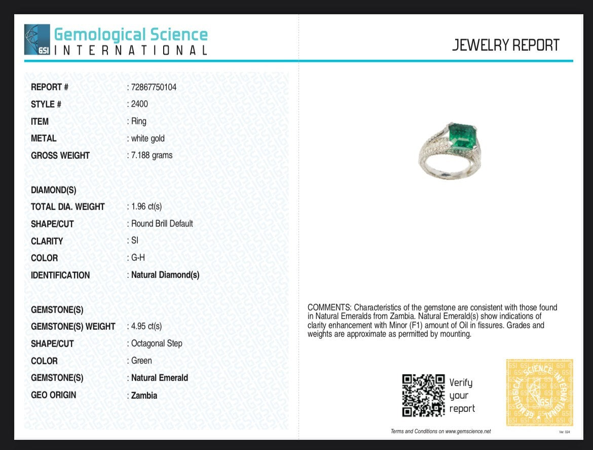 Certified Natural Emerald 4.95ct Square 18k Gold Natural Diamond Ring For Women