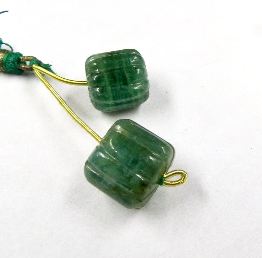 Certified 13mm Natural Emerald Carved Gemstone Bead Pair 36 Ct Earring Design