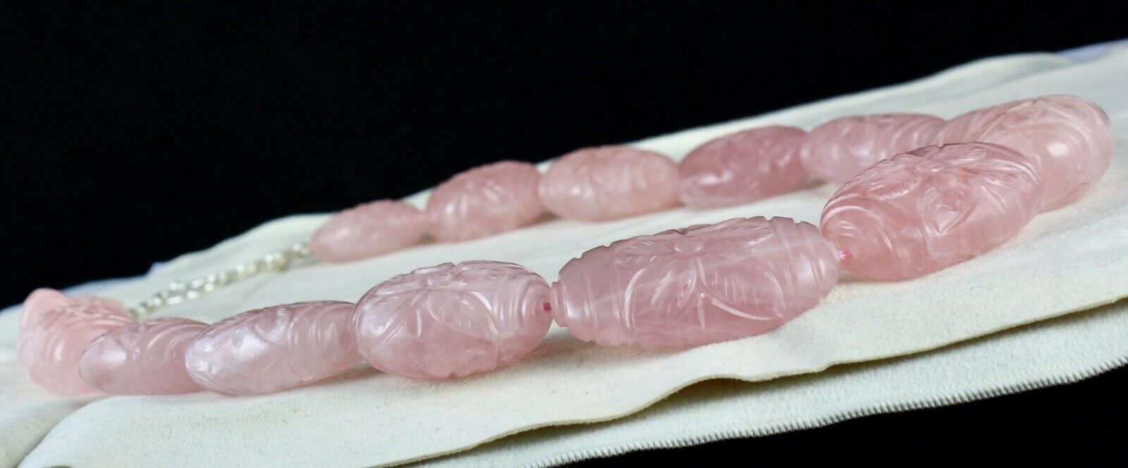 RARE BIG NATURAL ROSE QUARTZ CARVED BEADS 2027 CARATS GEMSTONE SILVER NECKLACE