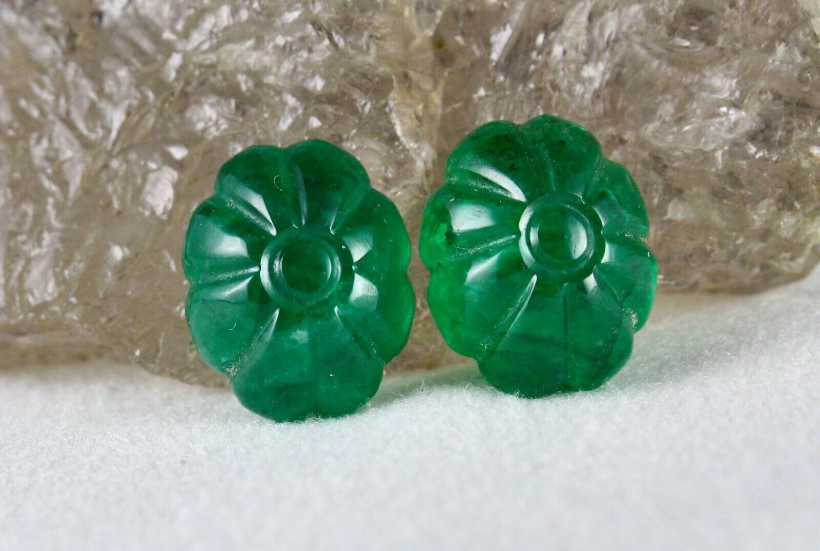 Natural Emerald Engraved Flower 15X12mm 21.24 Ct Certified Gemstone Earring Pair