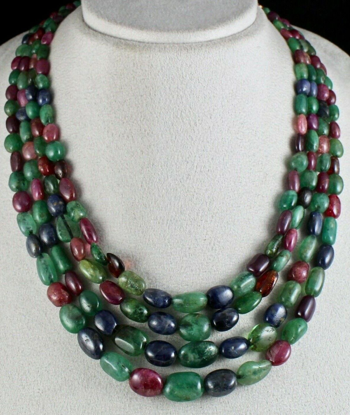 Certified Antique Natural Emerald Ruby Blue Sapphire 886 Ct Beads Necklace