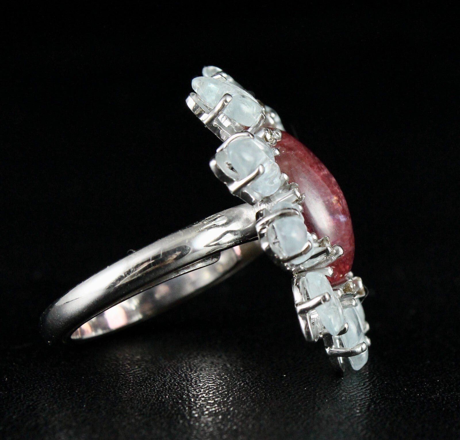 Antique Pink Tourmaline 10ct Aquamarine Carved Sterling Silver Victorian Ring