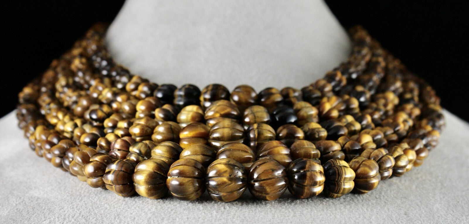Natural Tiger Eye 1214 Cts Carved Beads 5 Line Gemstone Antique Necklace