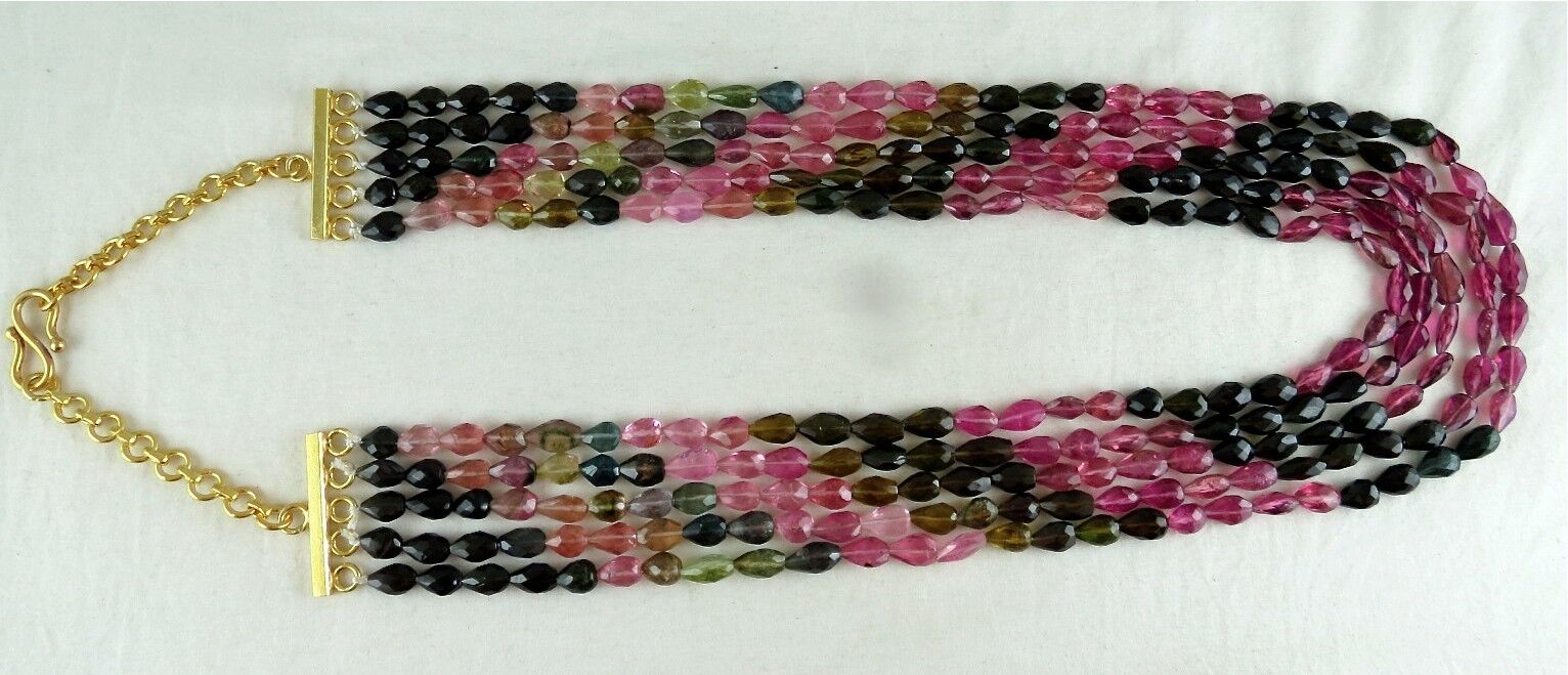 NATURAL MULTI TOURMALINE BEADS FACETED TEARDROPS 5 LINE 560CTS GEMSTONE NECKLACE
