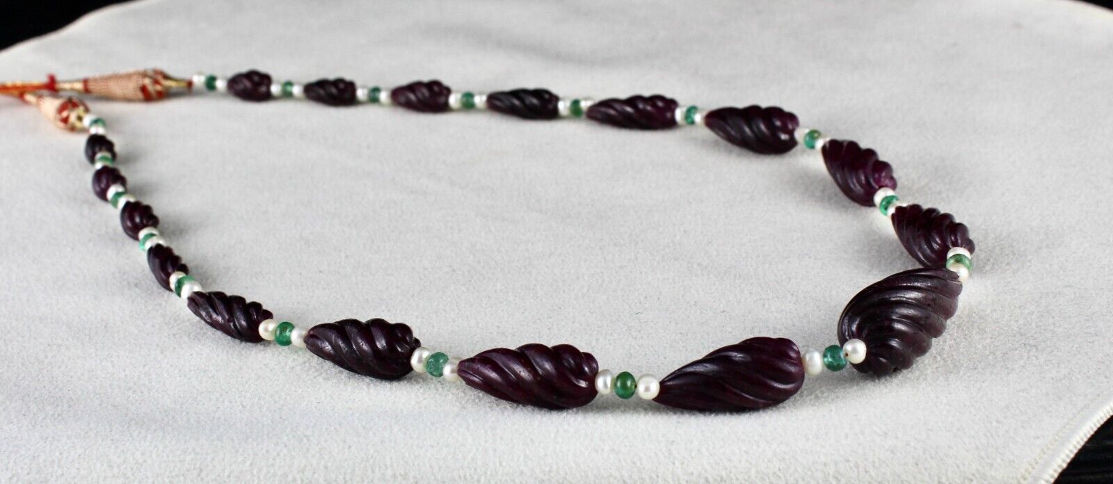 NATURAL RUBY BEADS CARVED TEAR DROPS 257 CTS EMERALD PEARL GEMSTONE NECKLACE