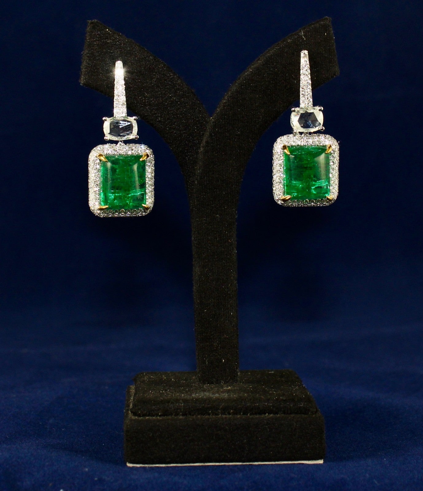 Certified Natural Emerald Cabochon Diamond Earrings 18k Gold Dangle Fine Jewelry