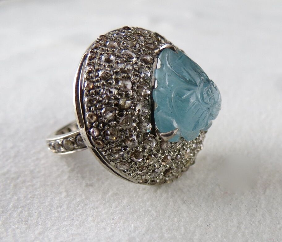 Antique Natural Blue Aquamarine Carved Diamond Gemstone Silver Victorian Ring